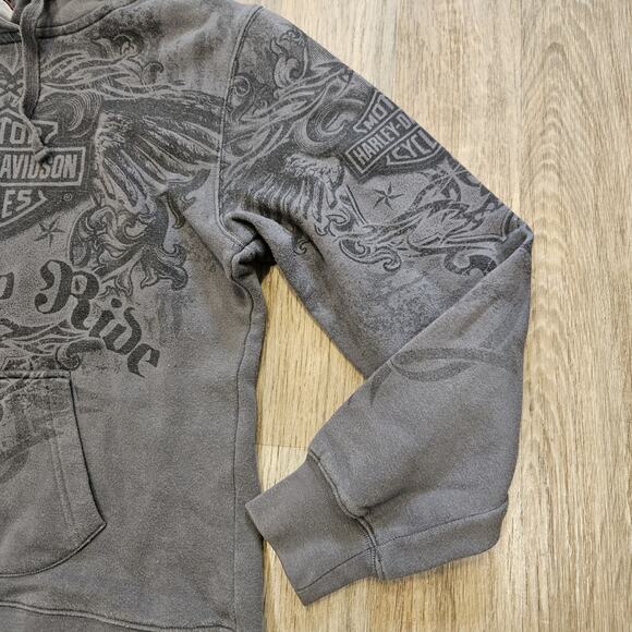 Harley Davidson Y2K Style Hoodie Mens S Gray Flames AOP Biker Tattoo RARE Style - Picture 3 of 9